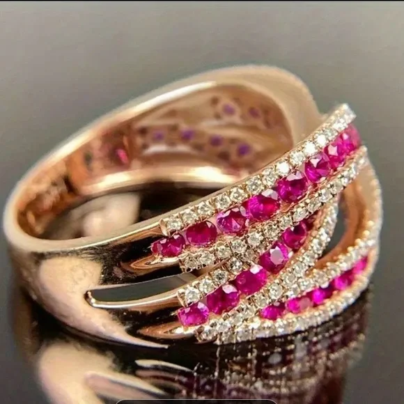 18k Gold Plated and Ruby Zirconia & Clear Pave Crystals Ring - Picture 2 of 4